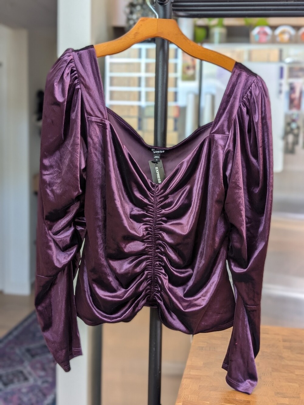 Express Velvet Long Sleeve Ruched Front Top